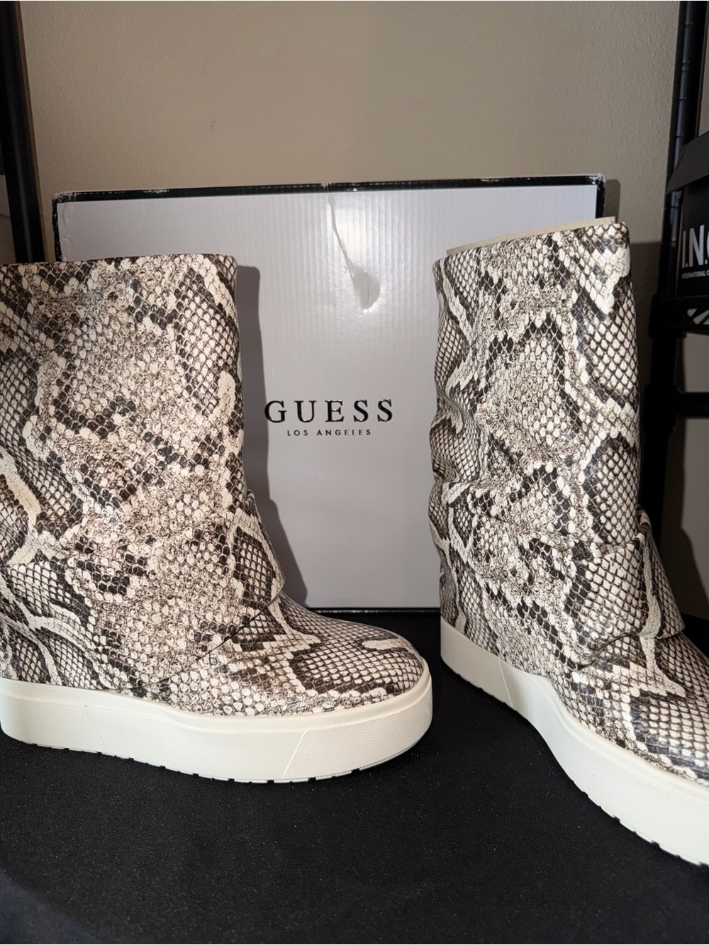 GUESS Snake-Print Wedge Boot in Neutral Tones